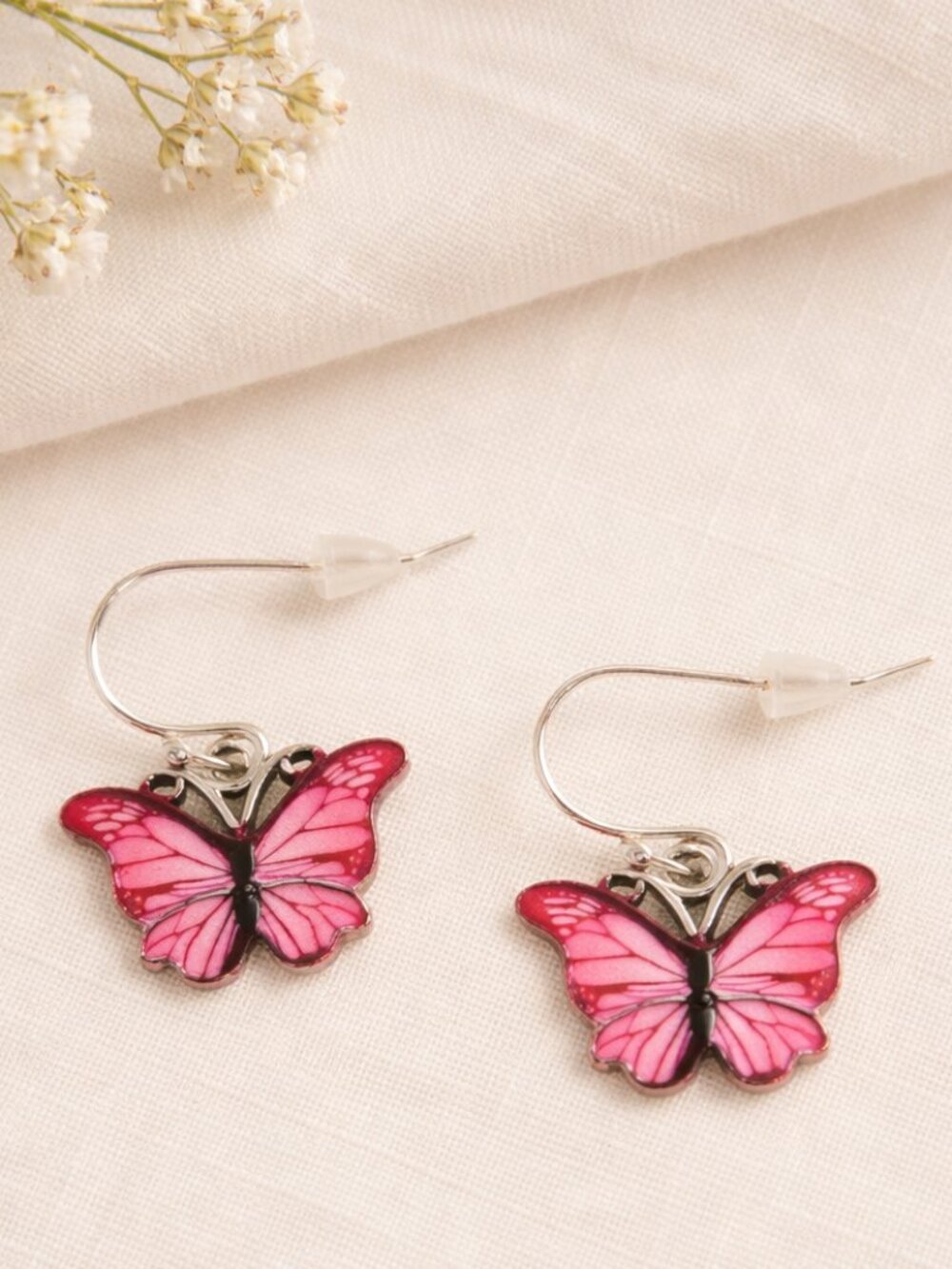 Pink Enamel Butterfly Dangle Earrings Silver Dainty Spring Jewelry